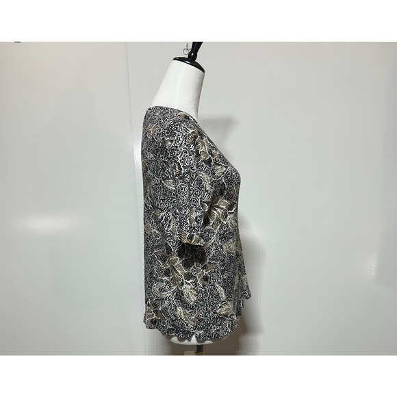 J Jill Top Womens Medium Black Tan Floral 100% Linen Short Sleeve Scoop Neck - Picture 4 of 8